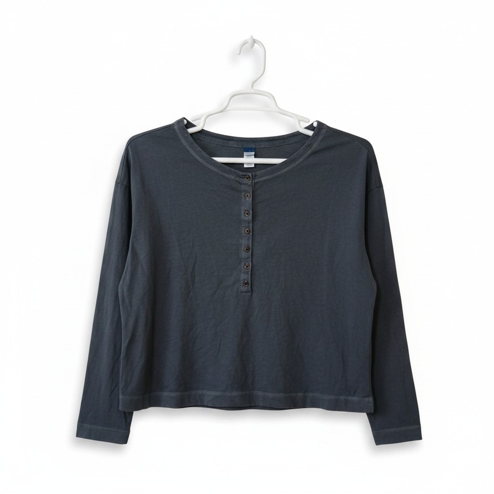 Old Navy Womens Med Loose Garment Slate Blue Dyed Cropped Long-Sleeve Henley Tee